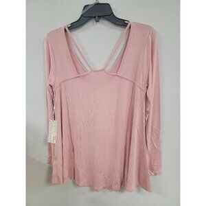 Cover Stitched Womens Pink Long Sleeve V-Neck Top With Strappy Back Design - Siz